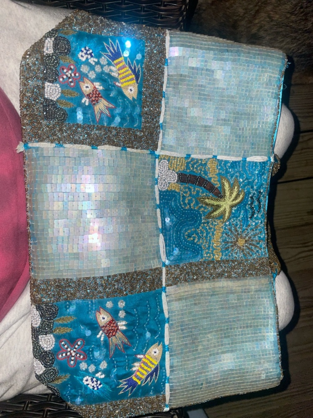 Embroidered Beaded Patchwork purse in Turquoise with Fish Motif